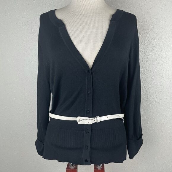 NWT Sharagano Black Cardigan Sweater and White Belt Size L - Picture 1 of 8